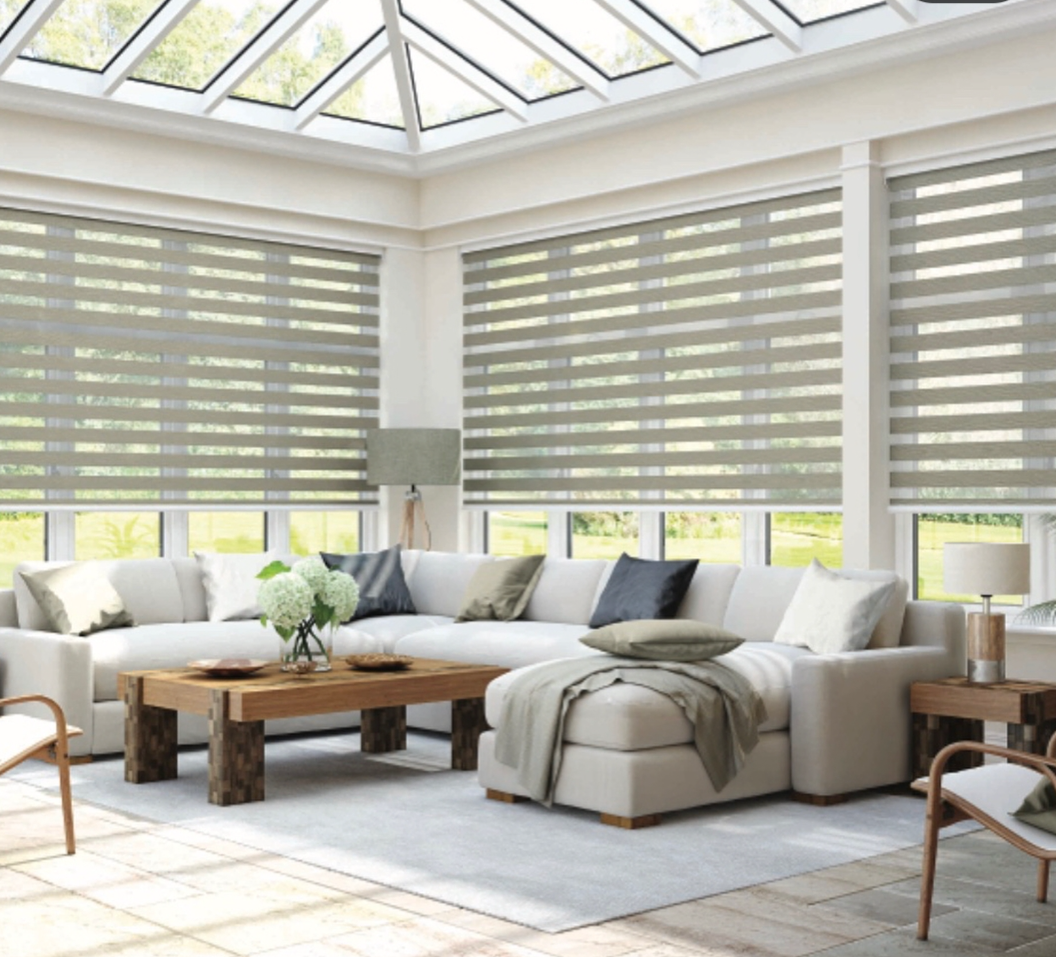 zebra blinds in the family room.