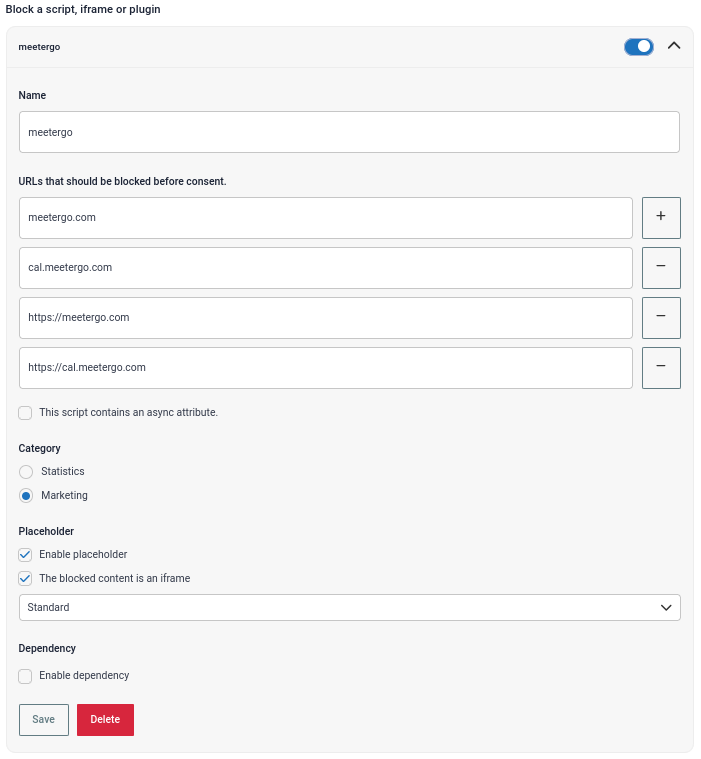 meetergo block attempt with Complianz Script Center