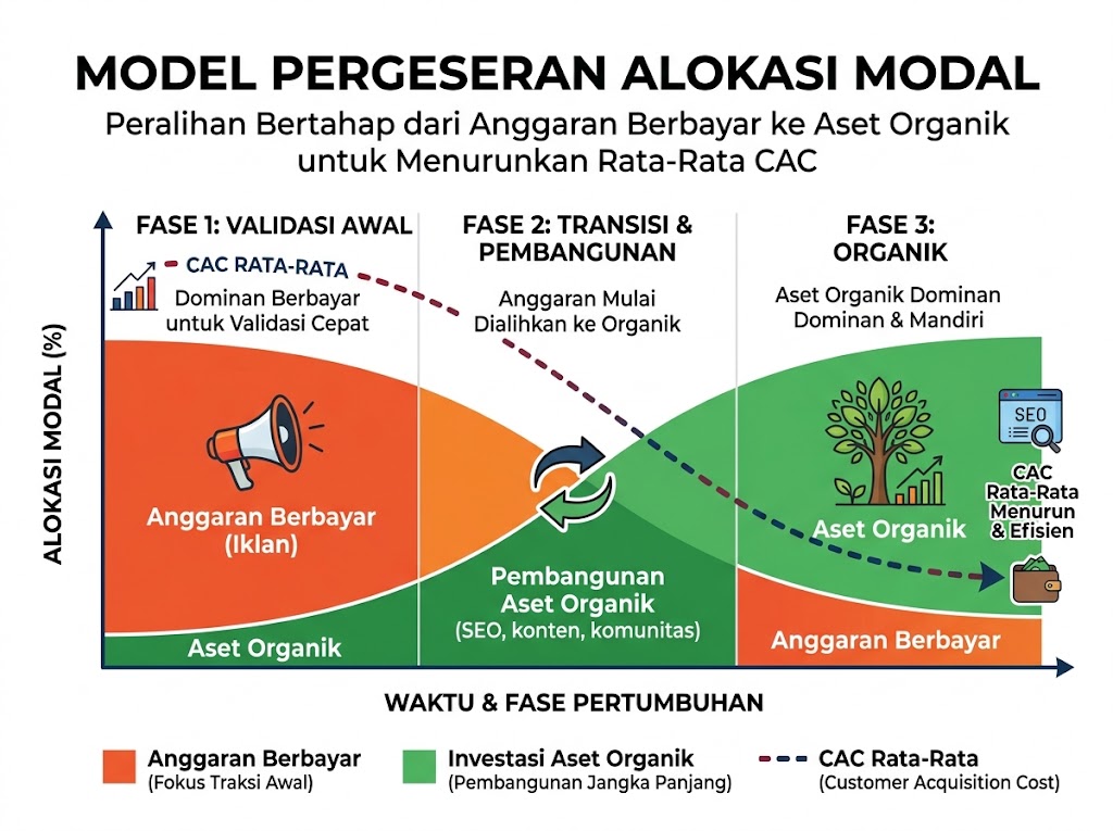 Diagram kerangka kerja keputusan CFO dan CMO dalam mengalokasikan porsi anggaran pemasaran antara Google Ads dan SEO berdasarkan siklus hidup bisnis