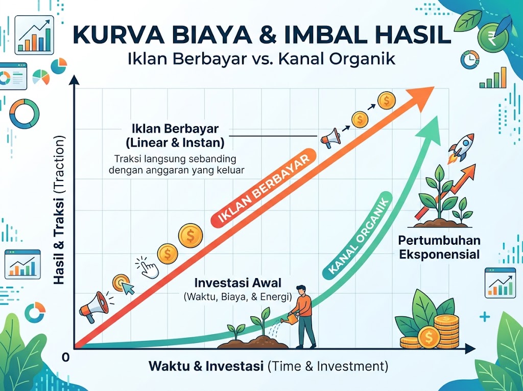 Grafik perbandingan kurva biaya akuisisi pelanggan dan pertumbuhan trafik antara SEO organik dan iklan berbayar Google Ads dalam horizon 24 bulan