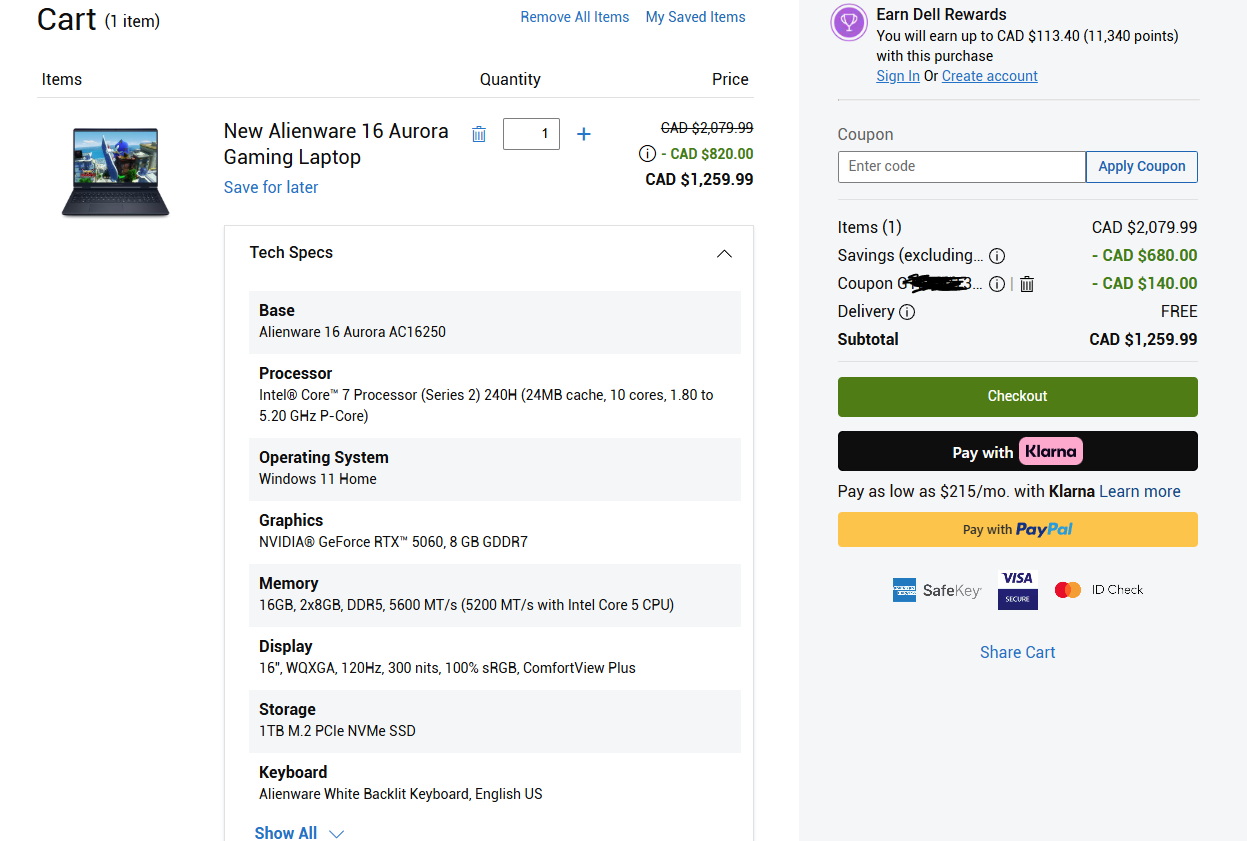 Alienware 16 Aurora Gaming Laptop - Intel Core 7 240H, 16GB DDR5, RTX 5060 8GB, 1TB SSD, 16" 120Hz - $1260 + 15% CB